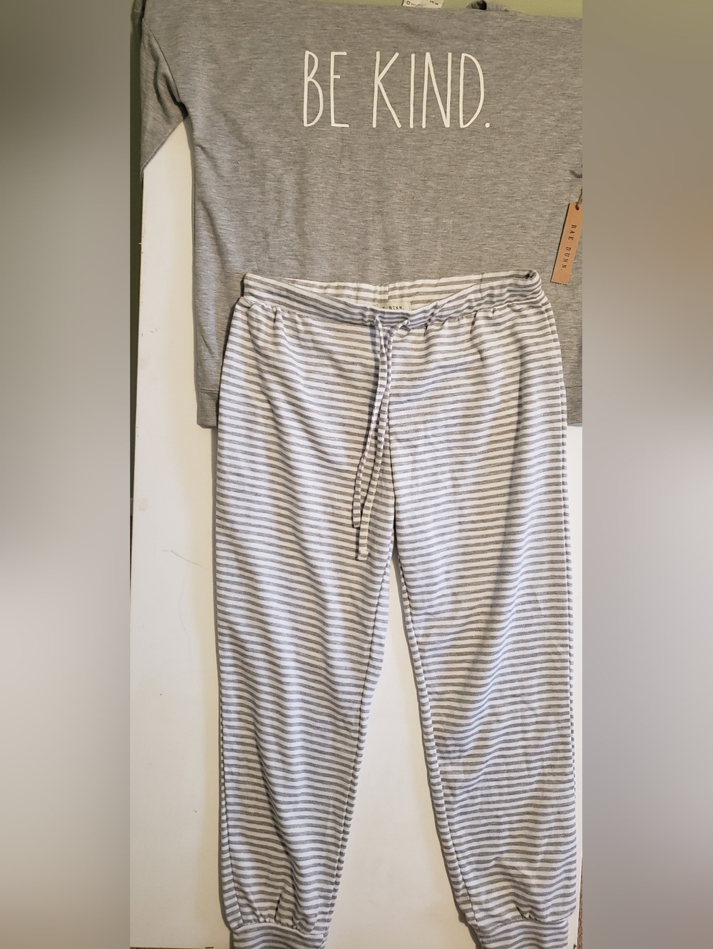NWTWomen's Rae Dunn Be Kind Grey & White Striped Joggers - Soft Drawstring Waist